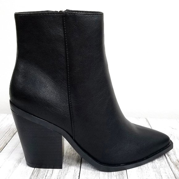 New Black Point Toe Chunky Heel Ankle Boots Bootie - Picture 3 of 5